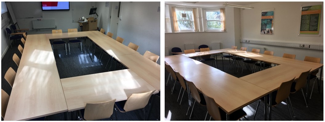 Classroom with tables and chairs.
